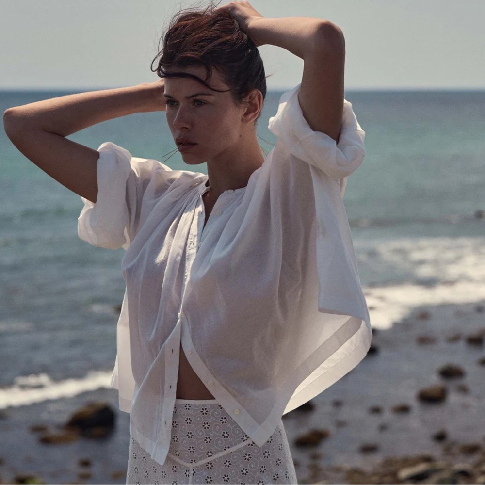 Doen Sheer White Button-Front Peasant Blouse